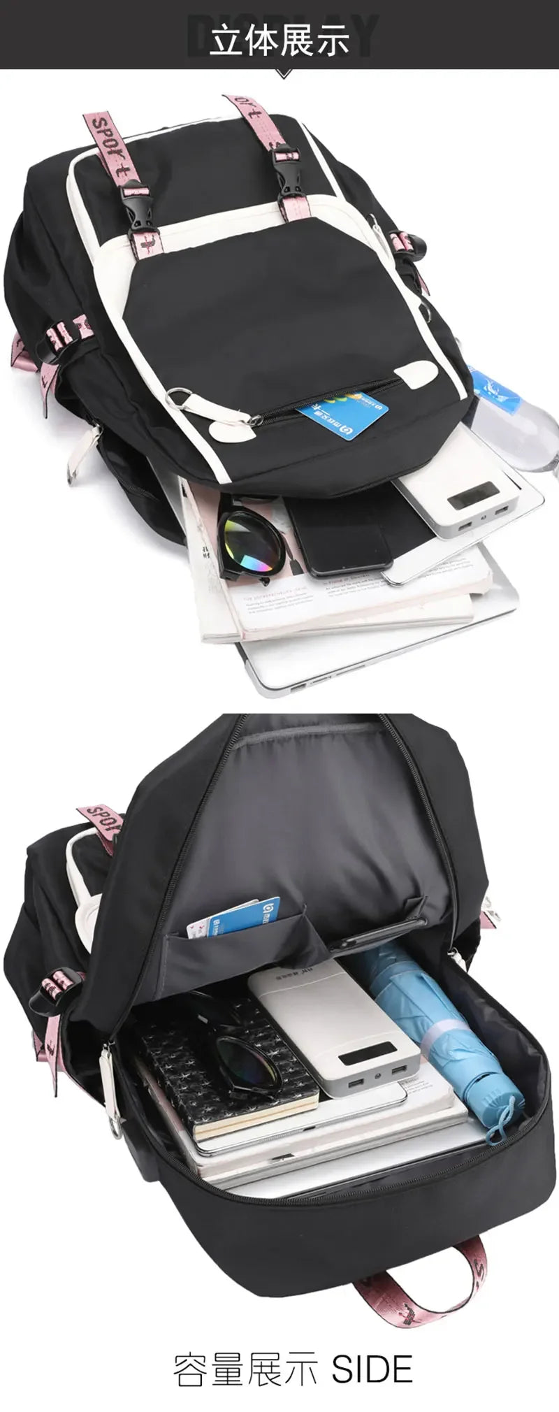 Kawaii School Backpack For Girls black and pink with multiple compartments showing phone tablet umbrella and sunglasses