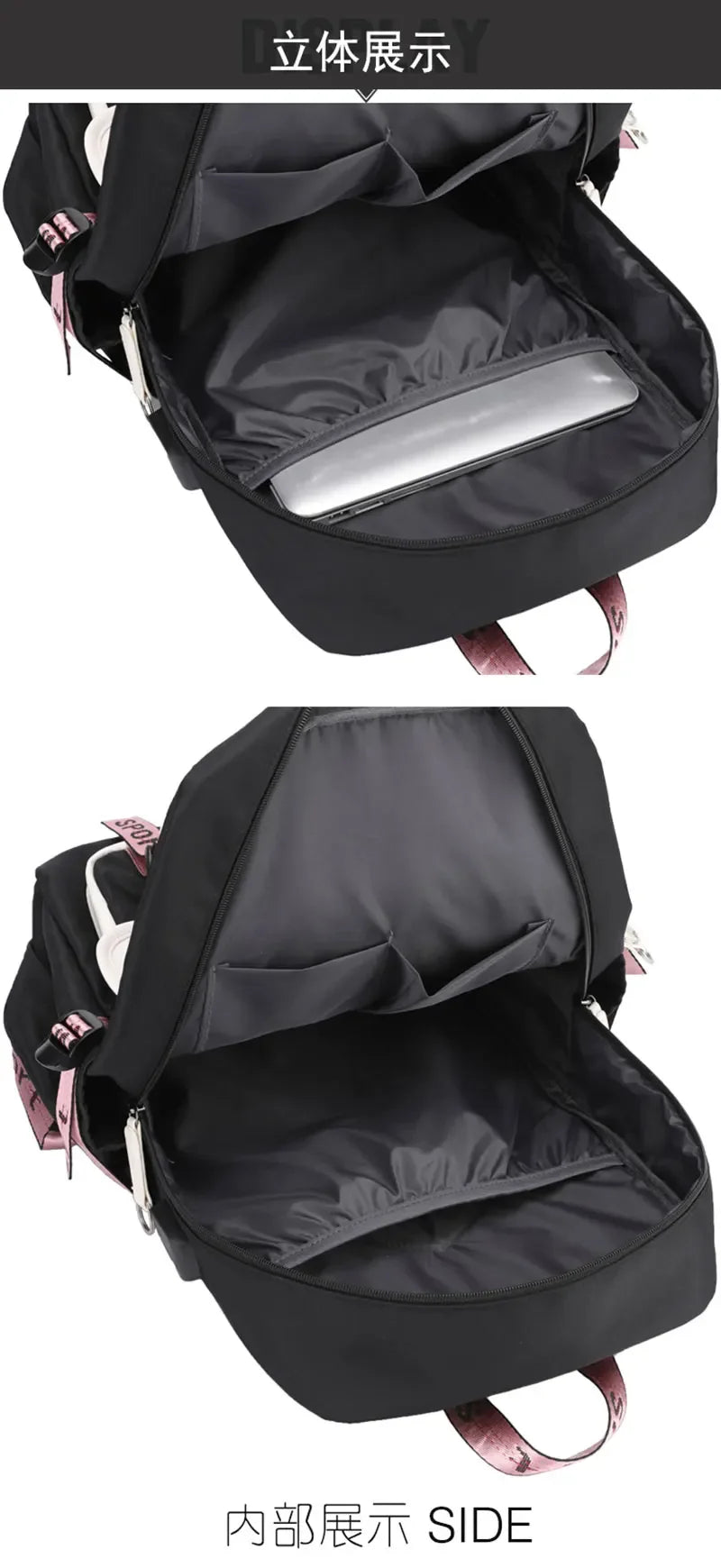 Kawaii School Backpack For Girls black interior with padded laptop sleeve and inner pockets plus pink strap accents