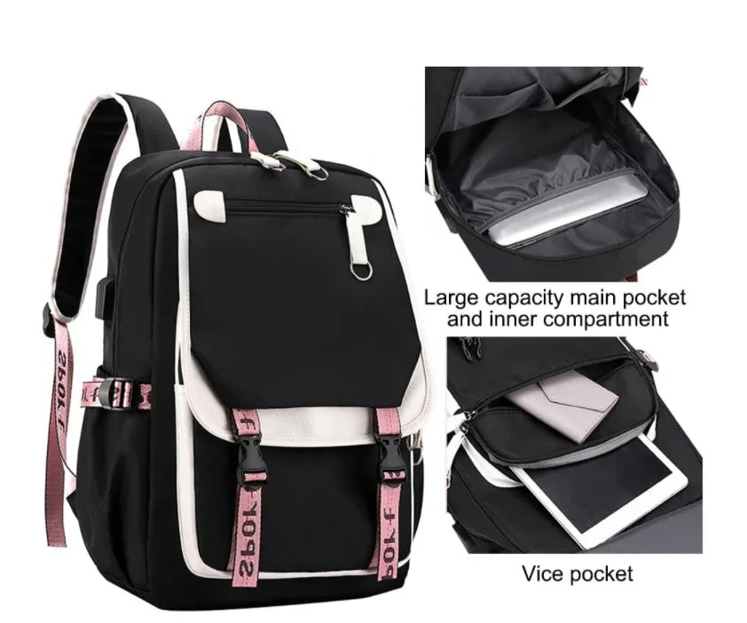 Kawaii School Backpack For Girls black backpack with pink straps white trim tablet pocket and front buckle details