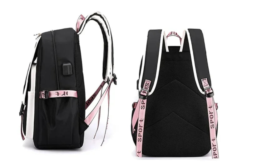 Kawaii School Backpack For Girls black with pink sport straps shown side and rear views padded back and side pocket