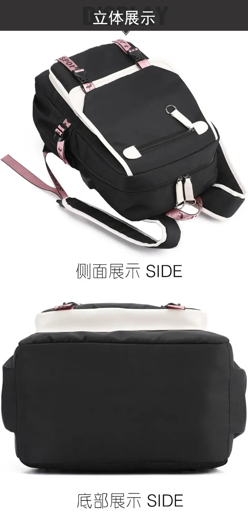 Kawaii School Backpack For Girls black backpack with white trim pink straps multiple pockets and buckles