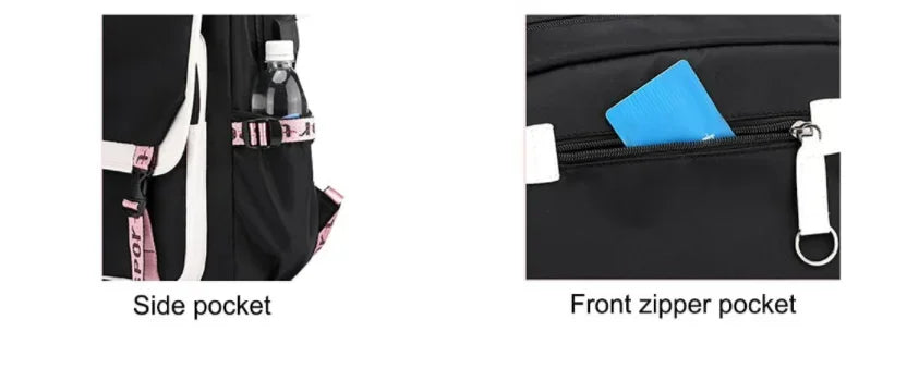 Kawaii School Backpack For Girls close up of side bottle pocket with pink straps and front zip pocket for cards and keys