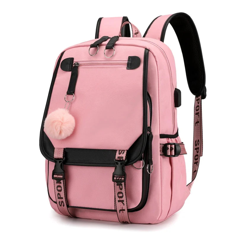 Kawaii School Backpack For Girls pink canvas backpack with pompom charm multiple pockets and adjustable straps