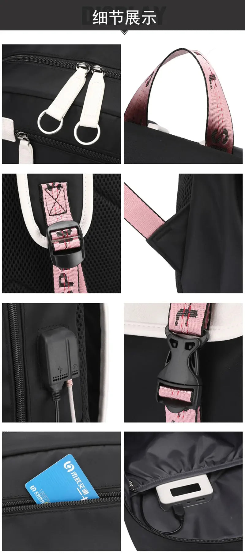 Kawaii School Backpack For Girls black and pink durable school bag with USB port card pocket padded straps by Luxurymania24