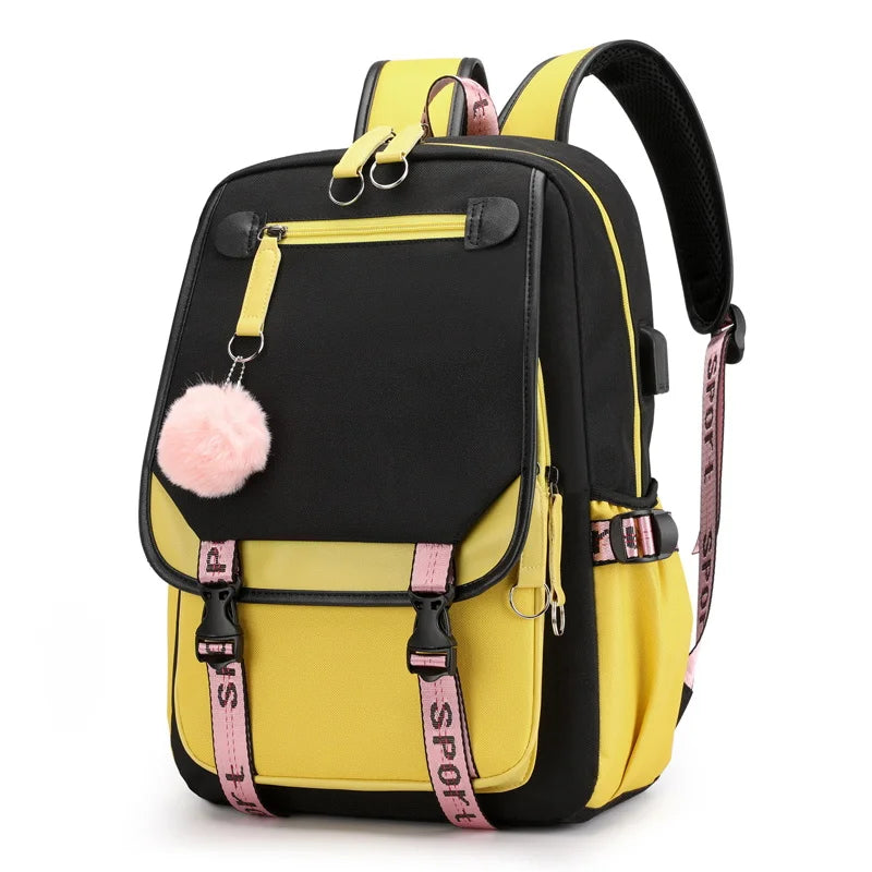 Kawaii School Backpack For Girls black and yellow backpack with pink pom pom charm adjustable straps and side bottle pocket