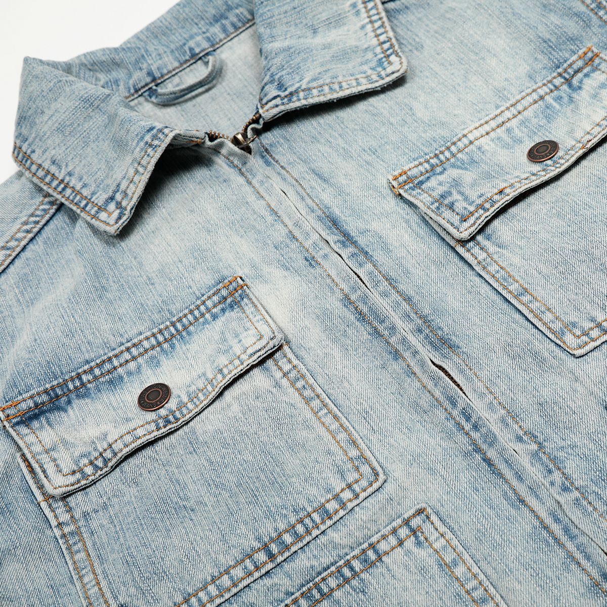 Retro washed denim jacket with faded light blue wash chest flap pockets and centre zip closure