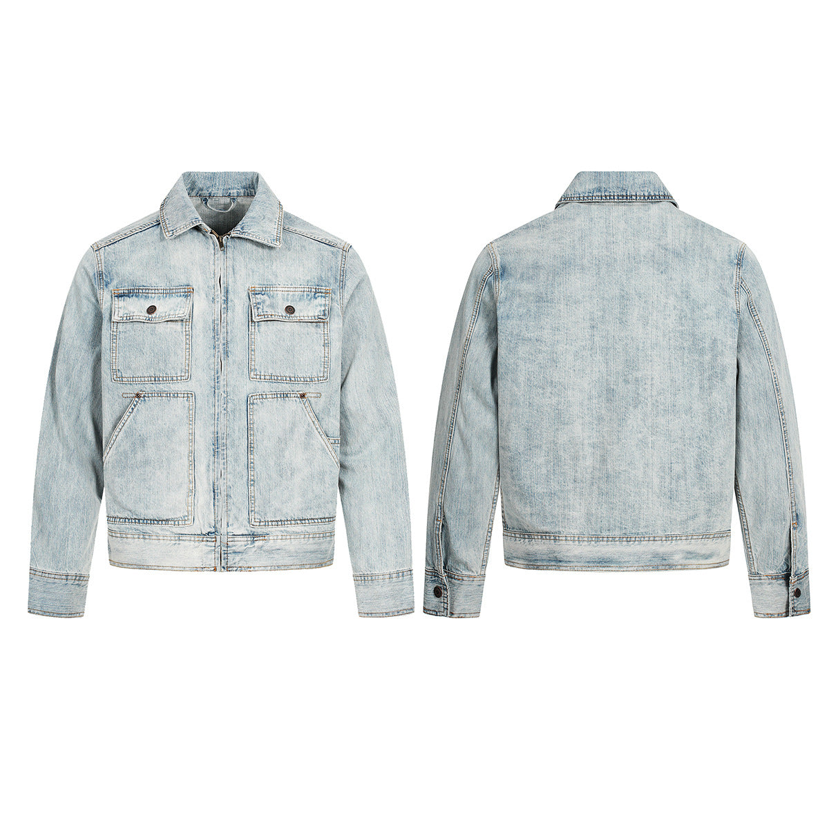 Retro washed denim jacket front and back views in light blue with chest flap pockets zip front and button cuffs