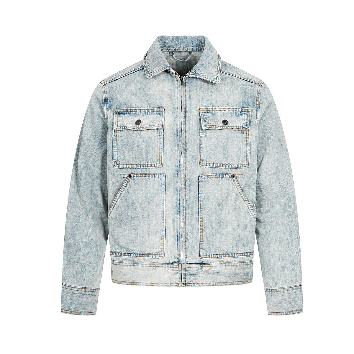 eprolo Retro washed denim jacket in light vintage blue with zip front and four patch pockets