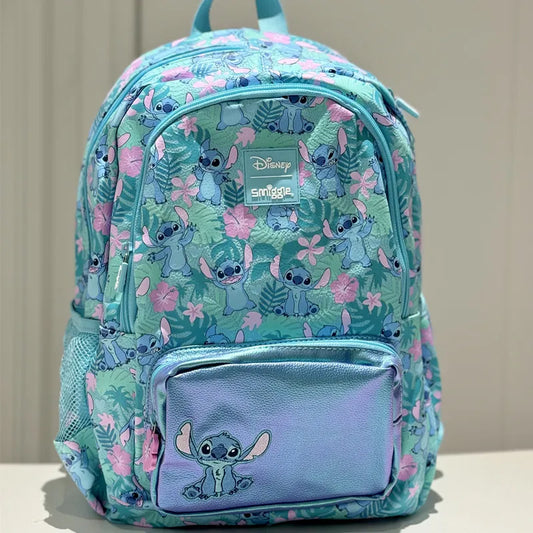Smiggle school bag set for girls turquoise Disney Stitch backpack with pink floral print and metallic front pocket