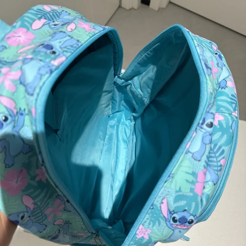Smiggle school bag set for girls turquoise Stitch print backpack open showing spacious lined interior