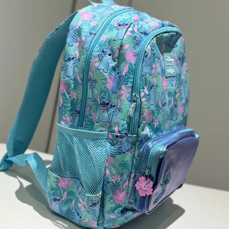 Smiggle school bag set for girls aqua Stitch print backpack with purple front pocket, mesh side pocket and padded straps