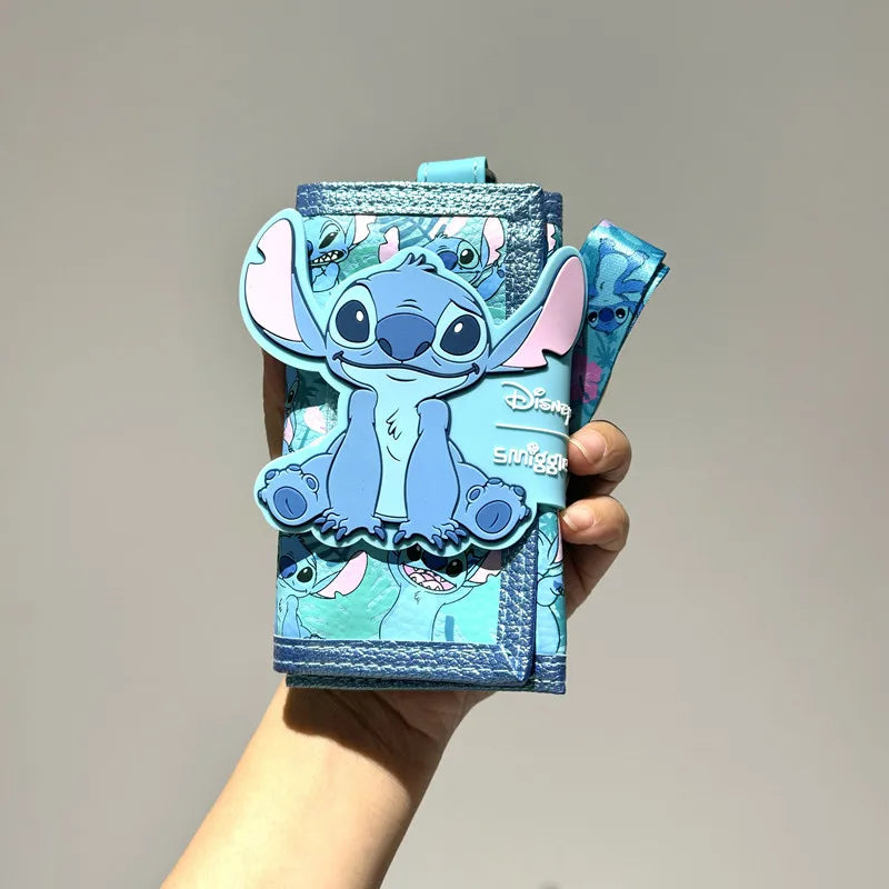 Blue Disney Stitch card holder wristlet with character print and strap, Smiggle school bag set for girls.