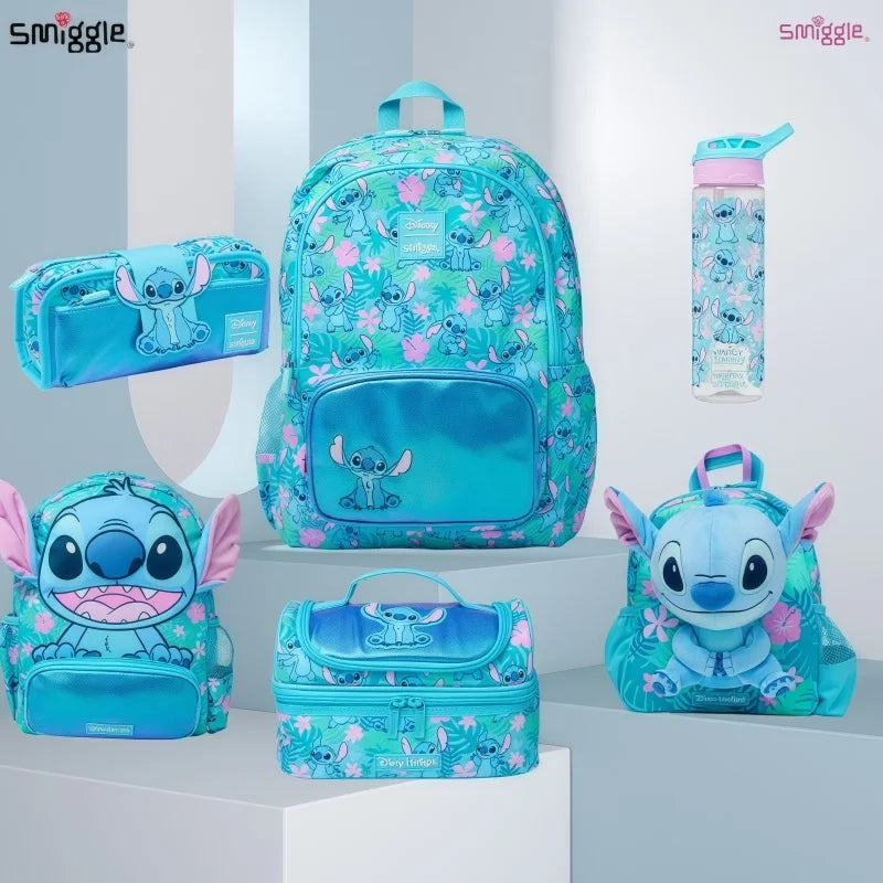 Smiggle school bag set for girls aqua Stitch floral backpack with matching lunchbox pencil case and water bottle