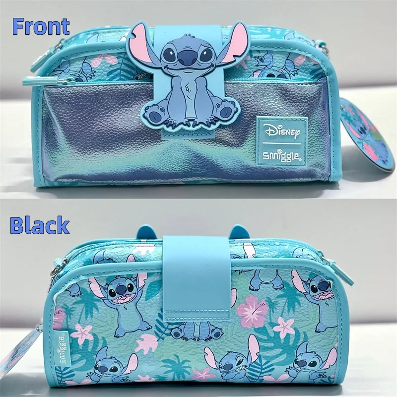 Smiggle school bag set for girls Disney Stitch turquoise double zip pencil case with metallic front pocket and character print