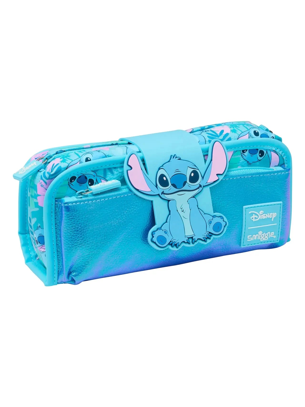 Smiggle school bag set for girls turquoise Disney Stitch pencil case with multiple zip compartments and character clip