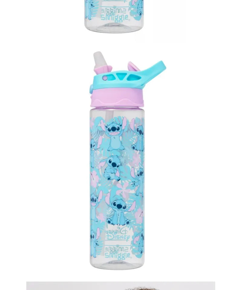 Smiggle school bag set for girls featuring blue Stitch print water bottle with flip straw lid for school