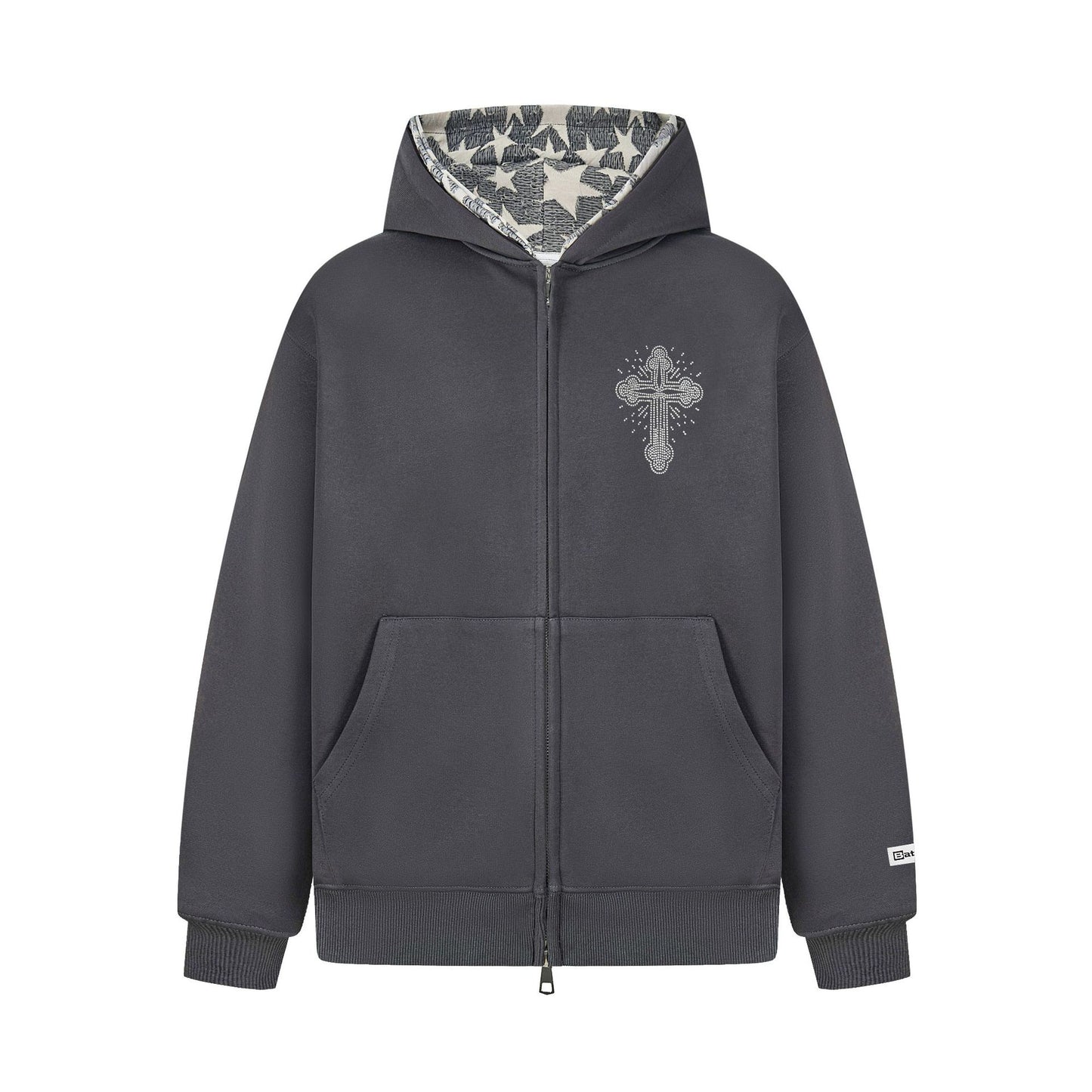 Retro Cross Rhinestone Hoodie dark grey zip hoodie with rhinestone cross on chest star print inner hood kangaroo pockets