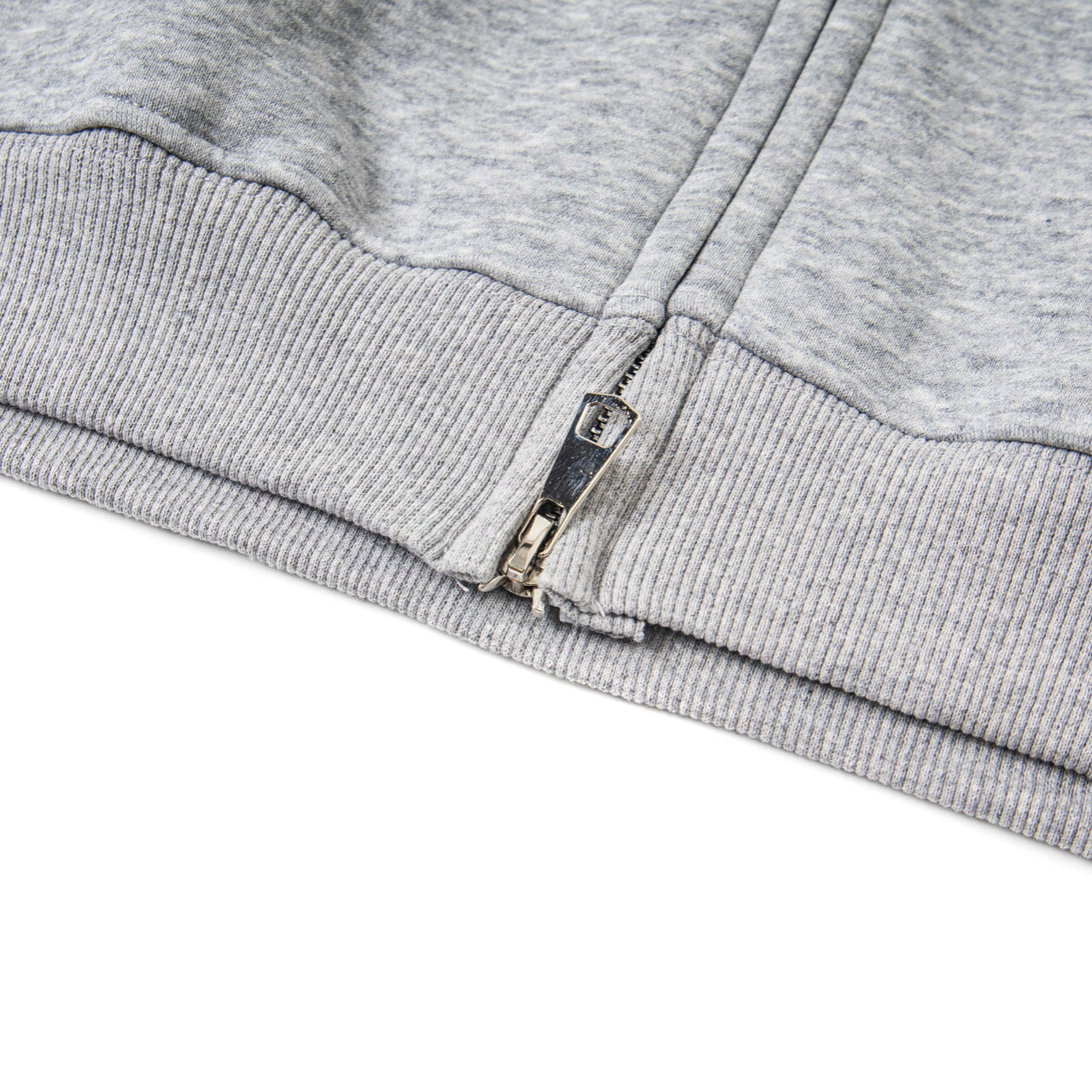 Retro Cross Rhinestone Hoodie grey zippered hem close up showing metal zipper and ribbed cuff detail