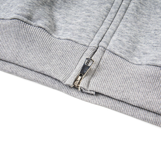 Retro Cross Rhinestone Hoodie grey zippered hem close up showing metal zipper and ribbed cuff detail