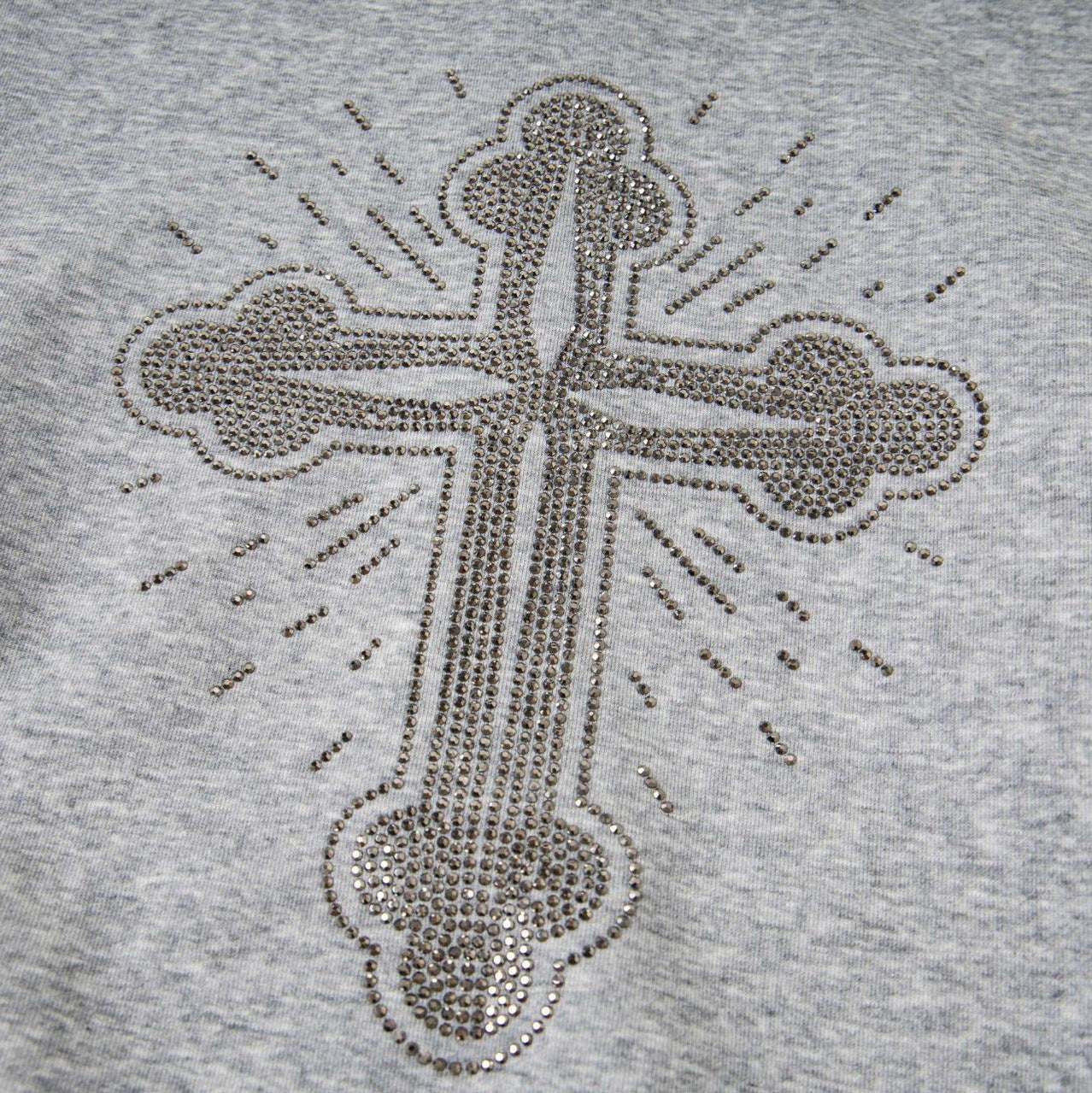 Retro Cross Rhinestone Hoodie grey close up showing sparkling rhinestone cross embellishment on soft fabric