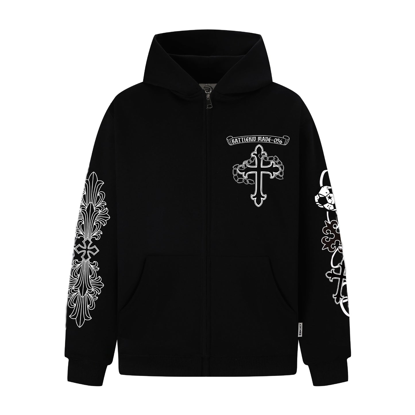 Black zip hoodie with white cross and floral sleeve prints Street Style Cross Print Hoodie for urban wear