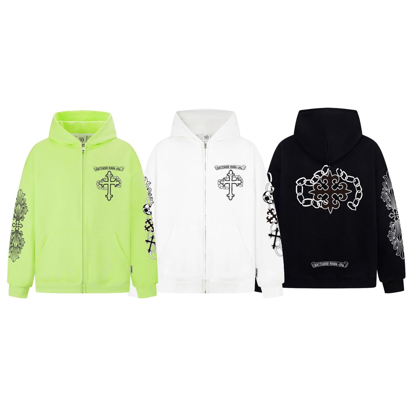 eprolo Street Style Cross Print Hoodie trio in neon green white and black zip up hoodies with sleeve and back cross prints