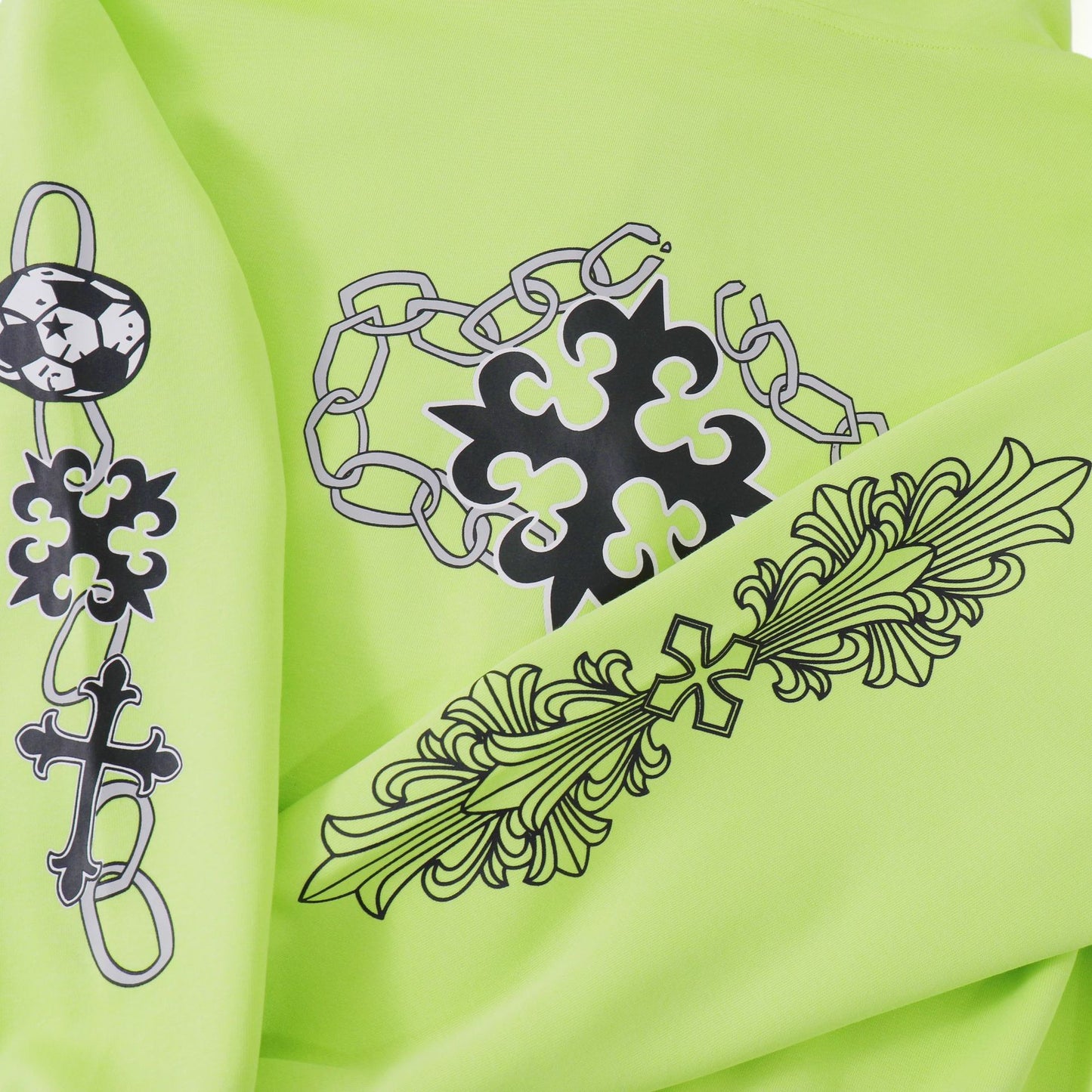 Street Style Cross Print Hoodie neon green close up of black gothic cross chain and floral baroque sleeve prints