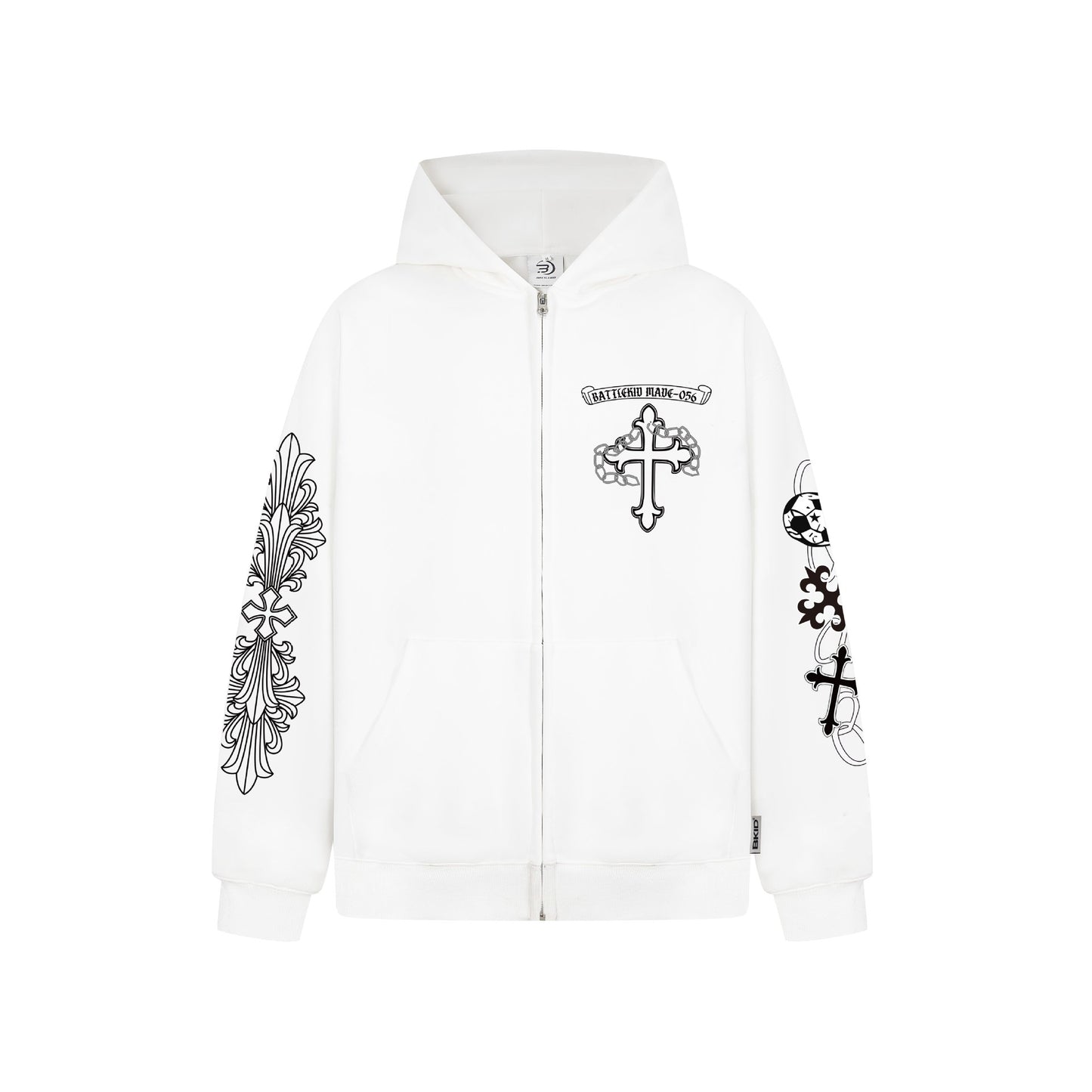 eprolo Street Style Cross Print Hoodie white zip up with black ornamental cross prints on chest and sleeves