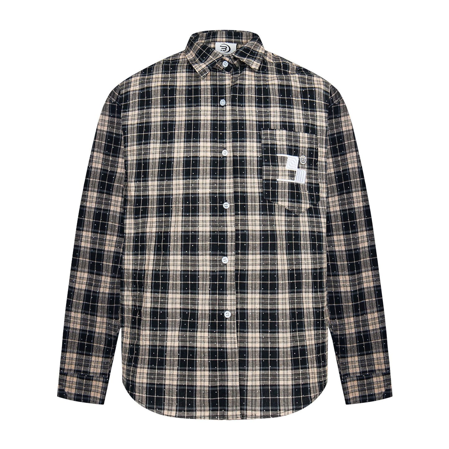 Street Style Diamond Embroidery Shirt black and beige plaid long sleeve buttoned shirt with chest pocket