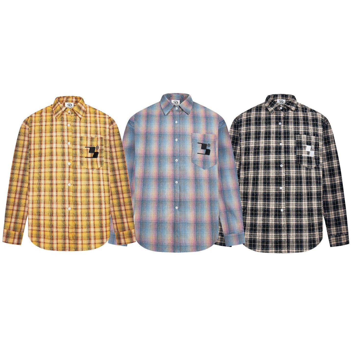 Three long sleeve plaid shirts in yellow blue and black with chest pocket diamond detail Street Style Diamond Embroidery Shirt