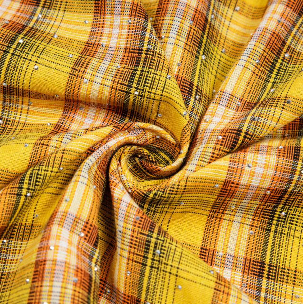 Close up of yellow plaid fabric with tiny silver diamond embroidery and twill texture for Street Style Diamond Embroidery Shirt