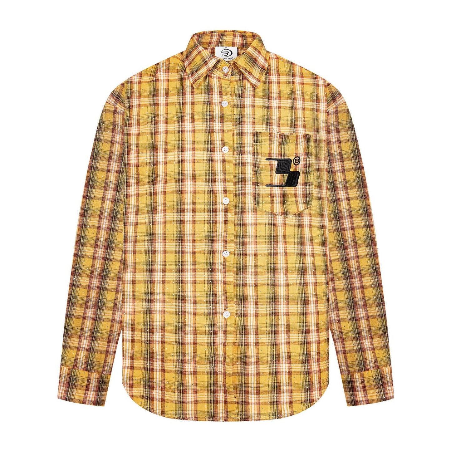Street Style Diamond Embroidery Shirt yellow plaid long sleeve button shirt with chest pocket and black logo embroidery