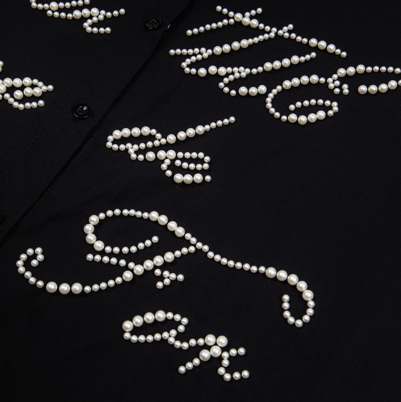 eprolo street style beaded shirt black blouse with white pearl script bead embellishments and button front
