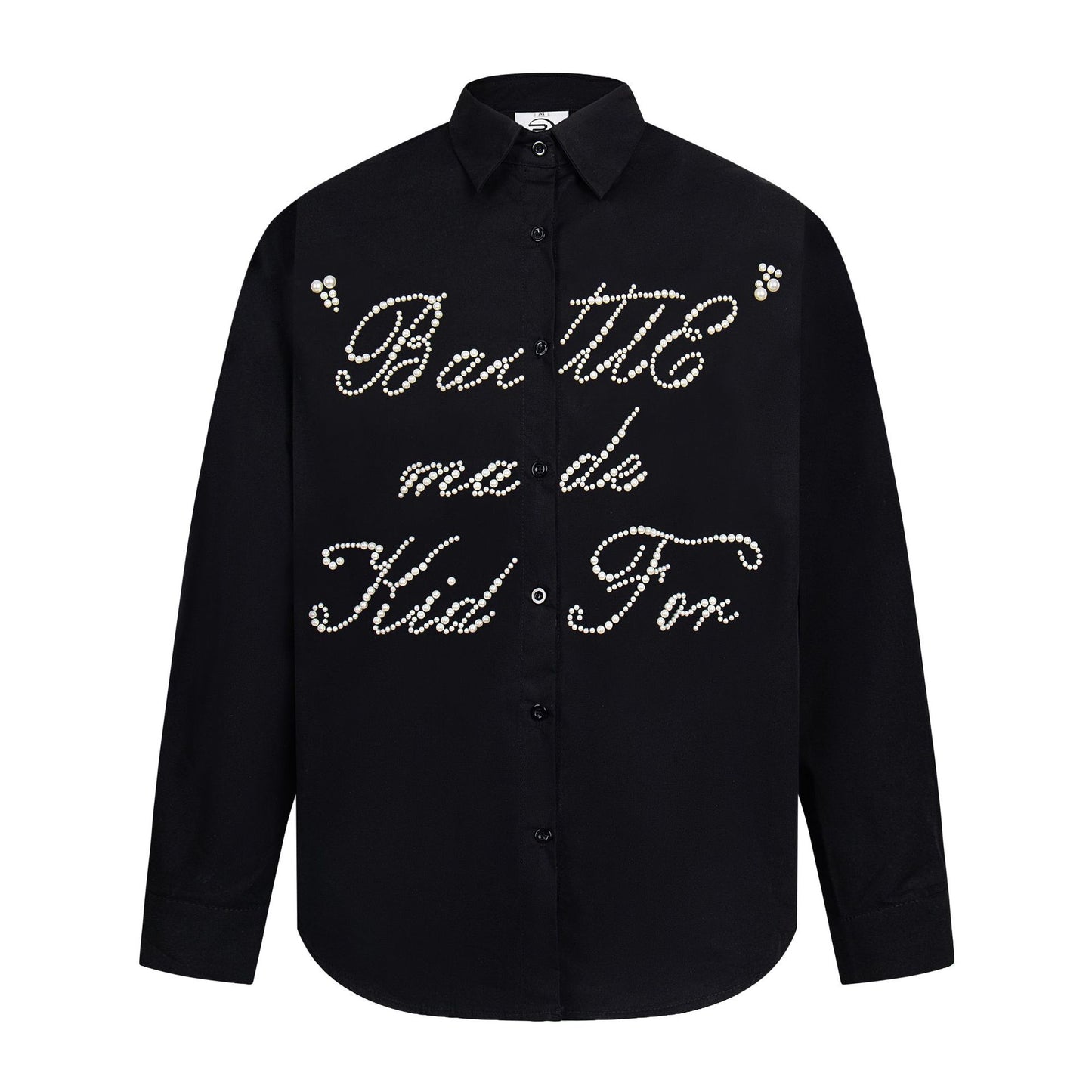 eprolo black long sleeve collared button up street style beaded shirt with pearl script lettering