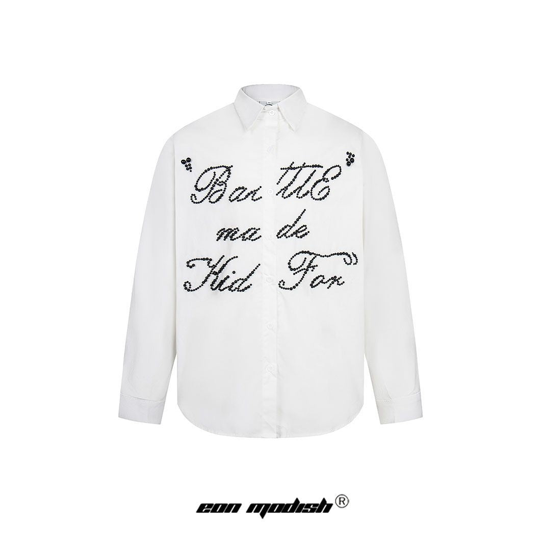 eprolo white long sleeve button shirt with black beaded script across chest street style beaded shirt for casual outfits