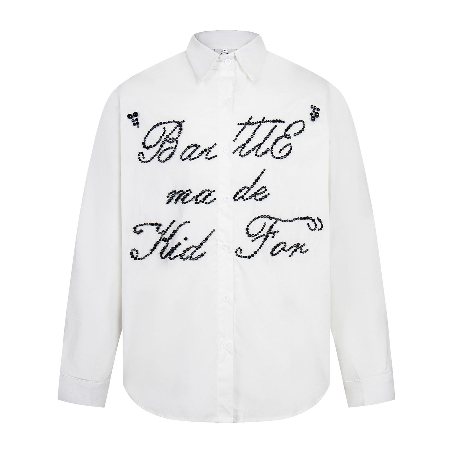 Eprolo white long sleeve button shirt with black script bead embellishment across chest street style beaded shirt