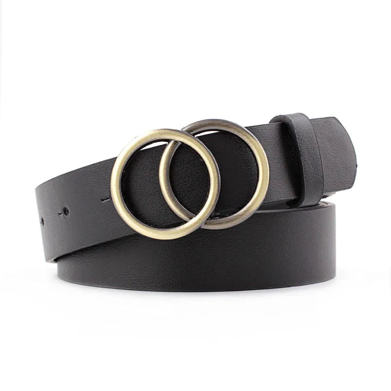 Luxurymania24 Ladies Carved Metal Buckle Leather Belt black waist belt with double metal ring buckle
