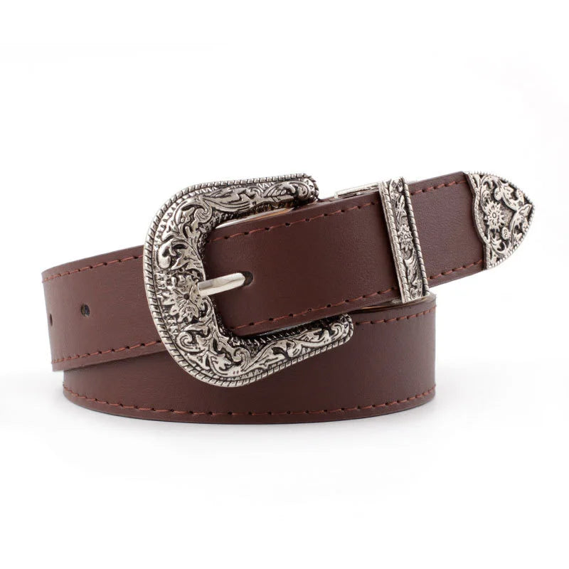 Elegant brown waist belt with ornate silver buckle and tip by Luxurymania24 Ladies Carved Metal Buckle Leather Belt