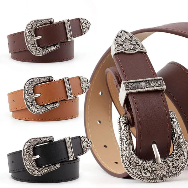 Ladies Carved Metal Buckle Leather Belt trio in brown tan and black with ornate western style engraved buckle