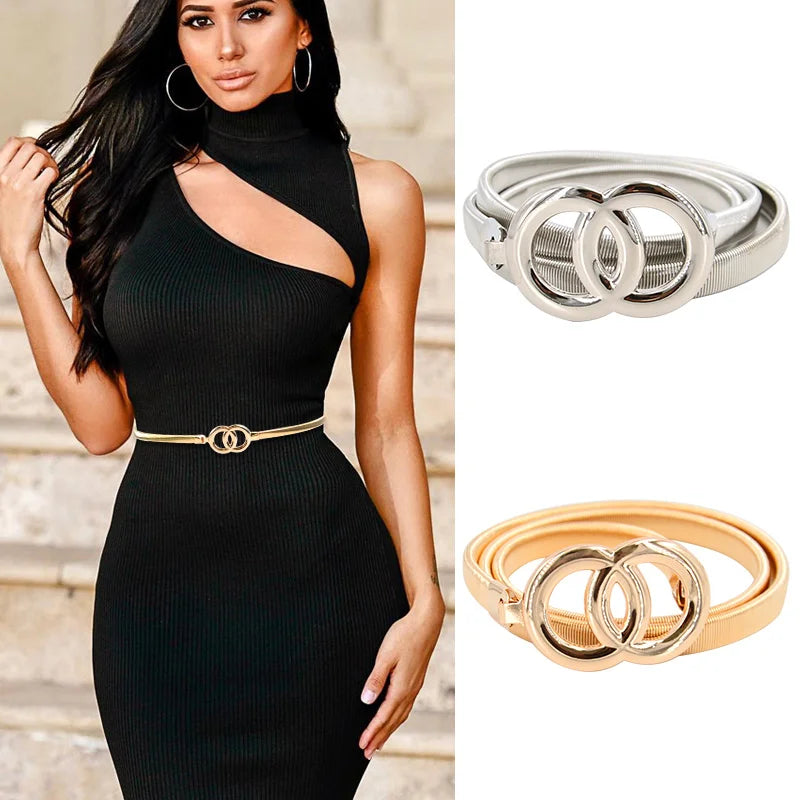 Luxurymania24 Ladies Carved Metal Buckle Leather Belt shown in gold on model and silver product shots