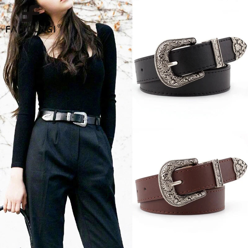 Ladies Carved Metal Buckle Leather Belt black and brown leather shown worn on model and close up buckles