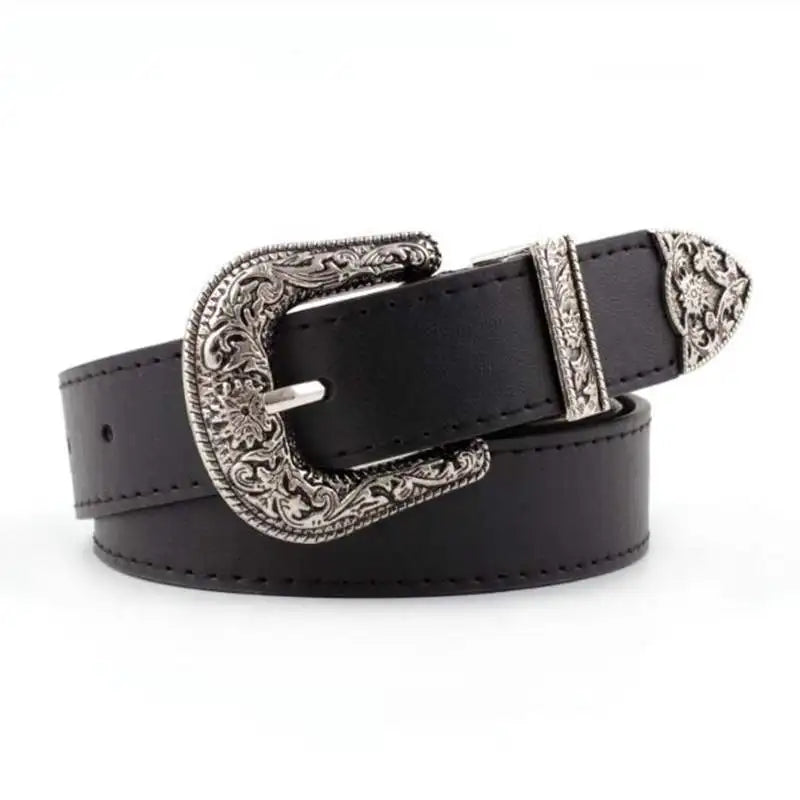 Luxurymania24 black leather waist belt with ornate silver floral buckle and tip Ladies Carved Metal Buckle Leather Belt