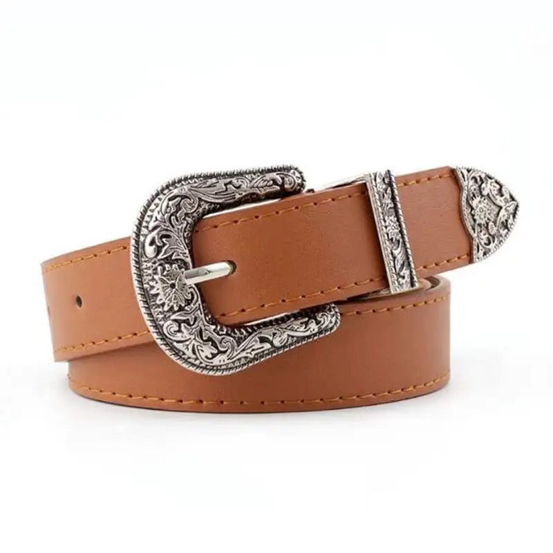 Ladies Carved Metal Buckle Leather Belt tan leather waist belt with ornate silver carved buckle and stitched edges