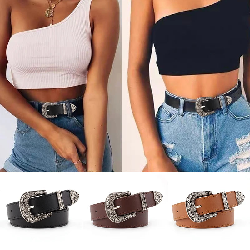 Ladies Carved Metal Buckle Leather Belt by Luxurymania24 shown on models with three colours black brown tan