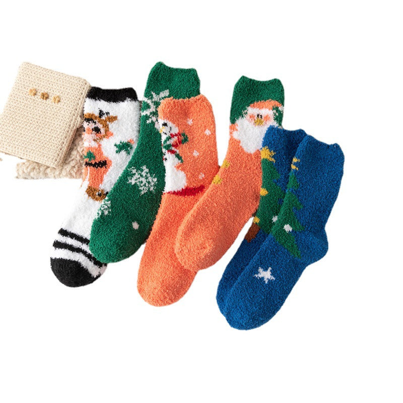 Coral Fleece Christmas Socks four festive fuzzy socks with Santa snowman reindeer and gift pouch