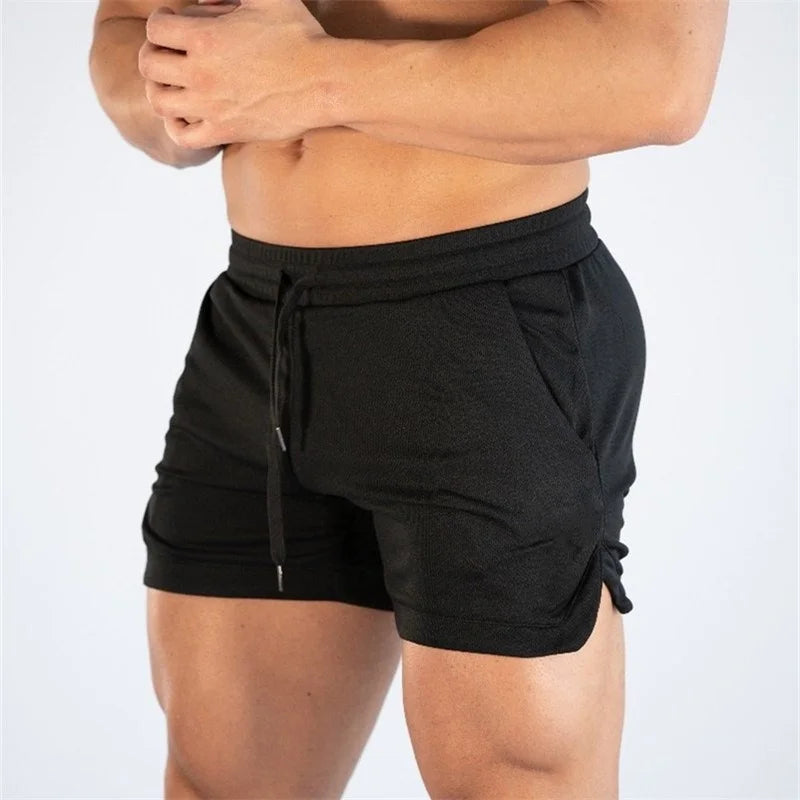 Black fitness running shorts for men by Luxurymania24 with drawstring waist and side pockets