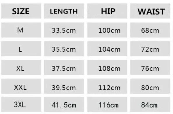 Size chart for Luxurymania24 fitness running shorts for men showing length, hip, and waist measurements