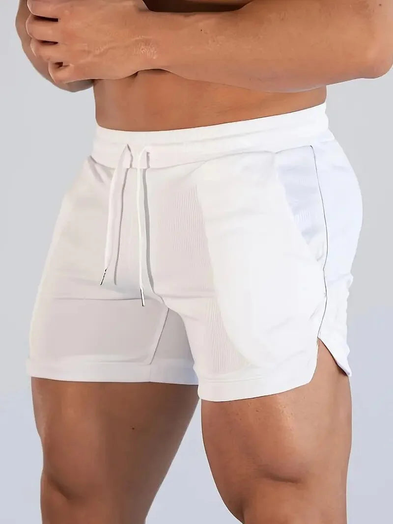 White fitness running shorts for men by Luxurymania24 with drawstring waist and side pockets