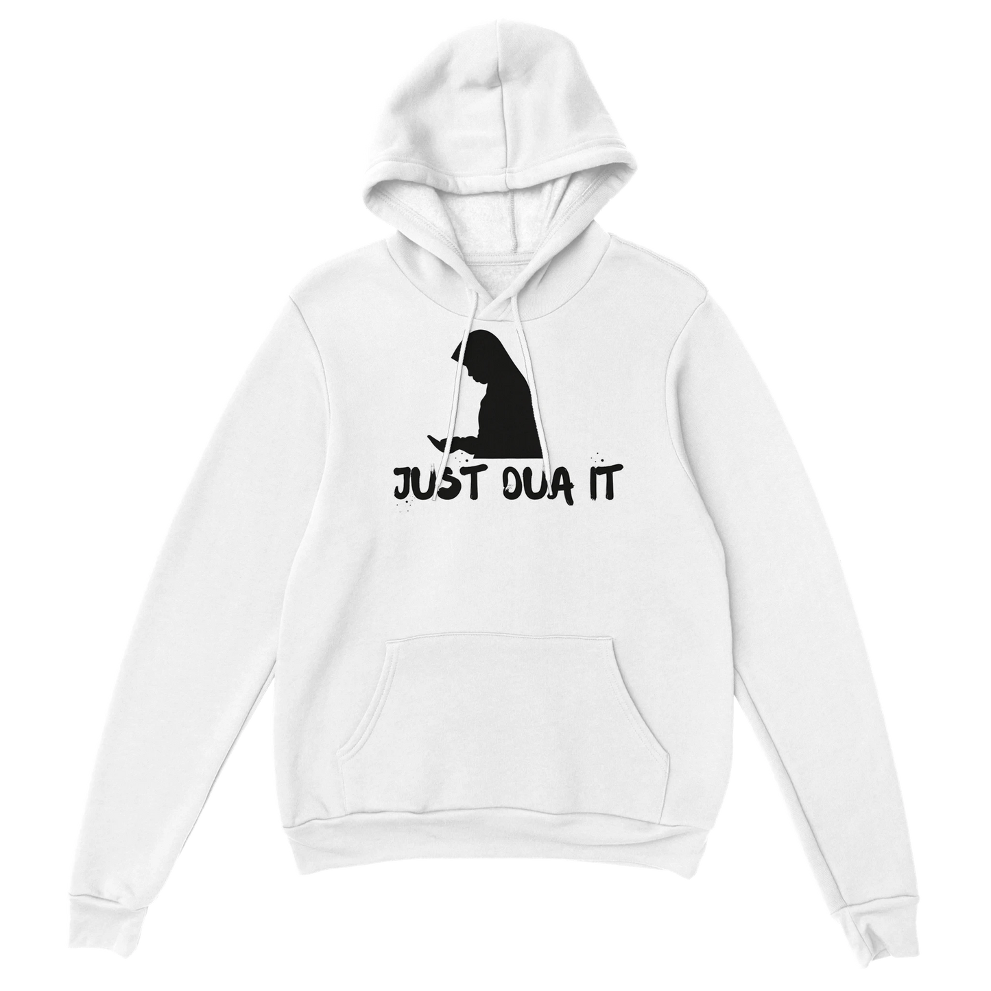 White Gildan 18500 pullover sweatshirt with black Just Dua It print and hood by Luxurymania