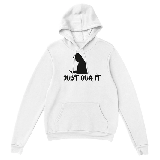 White Gildan 18500 pullover sweatshirt with black Just Dua It print and hood by Luxurymania